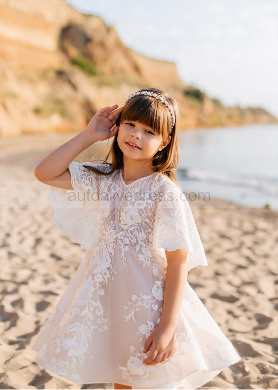 Elbow Sleeves Beaded White Lace Flower Girl Dress